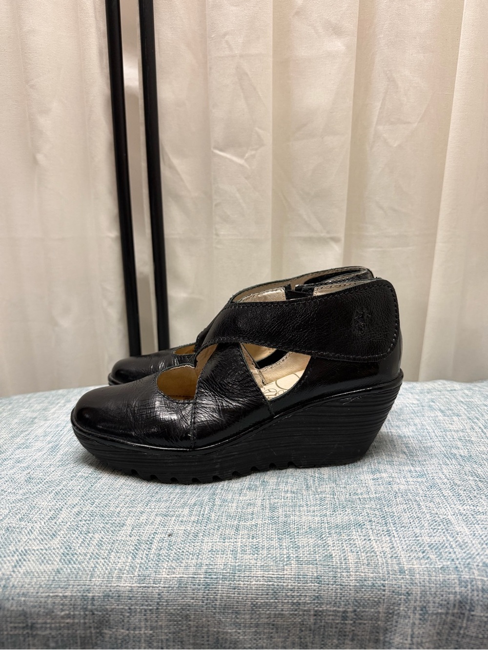 FLY London Black Leather Crossover Mary Jane Wedge Shoes